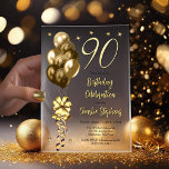 Invitations En Vélin Elégant Ballons d'or sur Black 90th Birthday Party<br><div class="desc">Ballons d'or à fausse parties scintillant élégante avec grand arc et banderoles et étoiles d'accent "90" 90e anniversaire invitation de fête.</div>