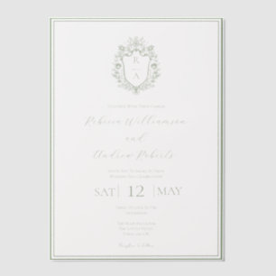 Invitations En Vélin Élégant blanc & Sage Green Crest Mariage Monogramm