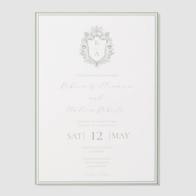 Invitations En Vélin Élégant blanc & Sage Green Crest Mariage Monogramm (Recto)