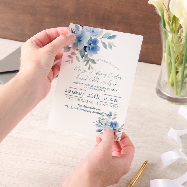Invitations En Vélin Elégant bleu aquarelle Botanique Floral Mariage (Ordinateur de poche)