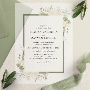 Invitations En Vélin Élégant Cadre Floral Mariage Ivoire et Sauge