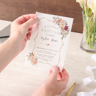 Invitations En Vélin Elégant Cadre Or Rose Blush Fleurs Fille Baptême