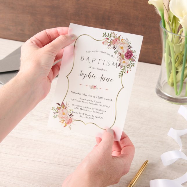 Invitations En Vélin Elégant Cadre Or Rose Blush Fleurs Fille Baptême (Ordinateur de poche)