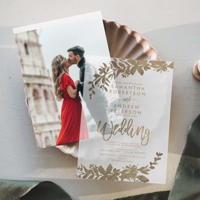 Invitations En Vélin Élégant Chic Classic Faux Gold Foil Mariage (Elegant Chic Classic Faux Gold Foil Leaf Wedding Vellum Invitations)