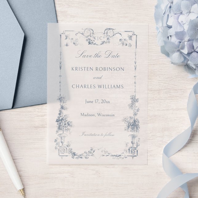 Invitations En Vélin Élégant classique Dusty Bleu Français Floral (Créateur téléchargé)