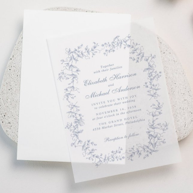 Invitations En Vélin Elégant Dusty Blue Chinoiserie Mariage d'aquarelle (Elevate your wedding invitations with the timeless beauty of vellum overlays)