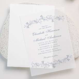 Invitations En Vélin Elégant Dusty Blue Chinoiserie Mariage d'aquarelle