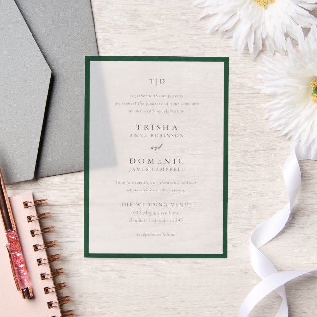 Invitations En Vélin Élégant Emerald Green Monogram Mariage moderne (Mariage)