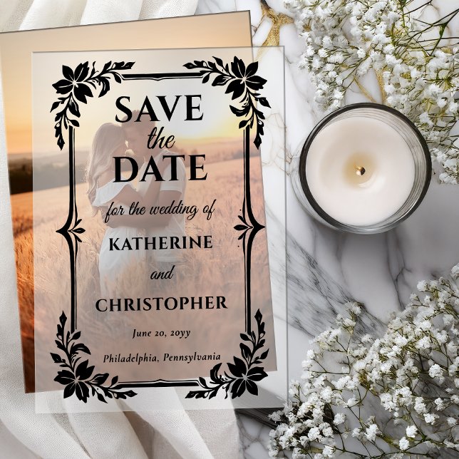 Invitations En Vélin Elegant Floral Frame Wedding Save the Date (Elegant Floral Frame Photo Wedding Black on Vellum Save the Dates (Photo Layer not Included))