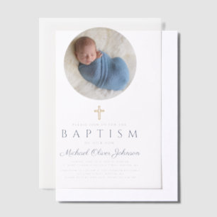 Invitations En Vélin Élégant Garçon Bleu Marine Script Photo Baptême
