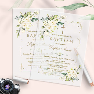 Invitations En Vélin Elegant Gold Glitter Frame White Floral Baptism