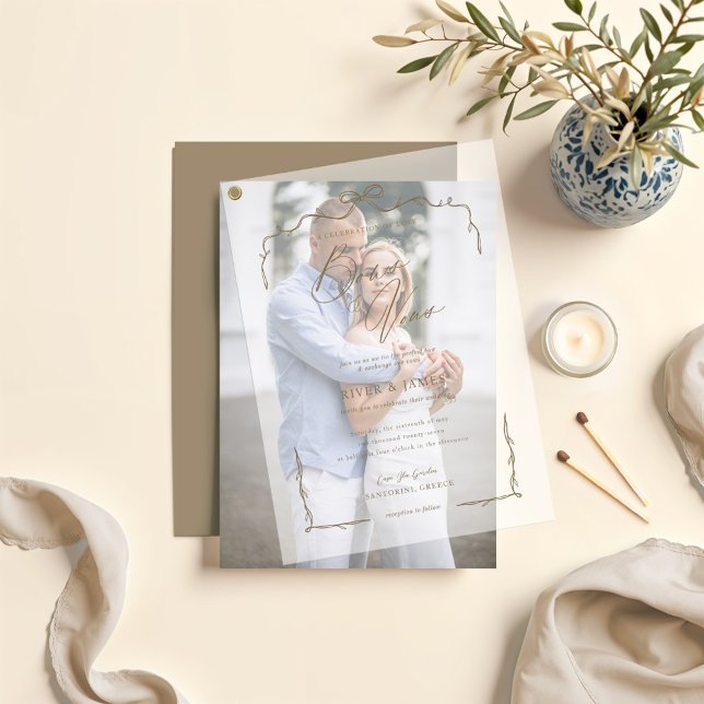 Invitations En Vélin Elégant Mariage Beige Main Tirée Bow & Ribbon (Elegant Beige Hand Drawn Bow & Ribbon Wedding Vellum Invitations)