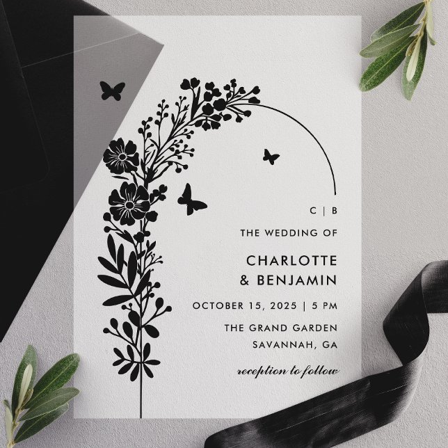 Invitations En Vélin Élégant Mariage botanique de papillon noir (Créateur téléchargé)