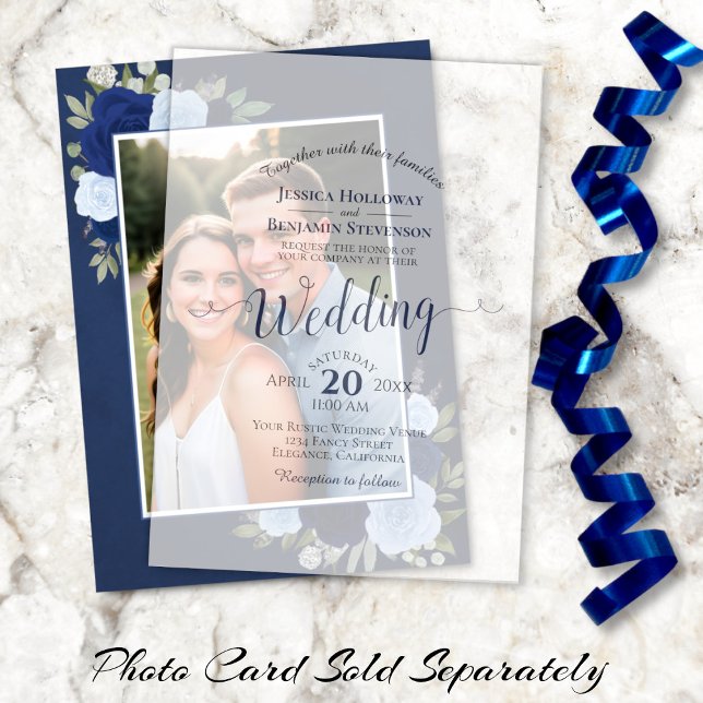 Invitations En Vélin Élégant Mariage Calligraphié Bleu Marine Posé (Underlay Photo Card Sold Separately. AI-generated models used in mockup imagery.)