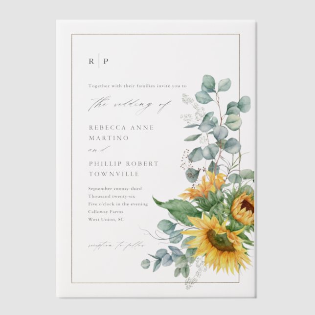 Invitations En Vélin Élégant Mariage de automne de tournesol rustique (Recto)