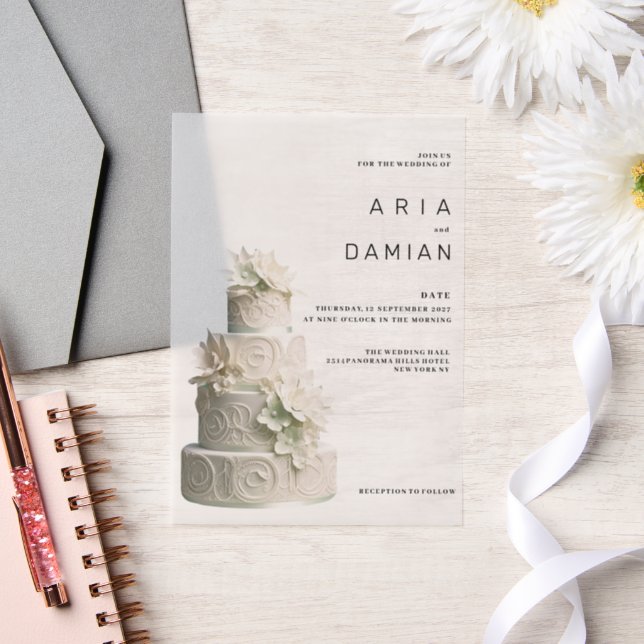 Invitations En Vélin Elégant Mariage de gâteau à fleurs vert menthe (Mariage)