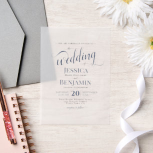 Invitations En Vélin Élégant Mariage de gros noms de script bleu marine