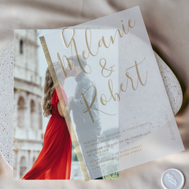 Invitations En Vélin Élégant Mariage de script de bande or chic (Elegant Chic Gold Stripe Script Wedding Vellum Invitations)