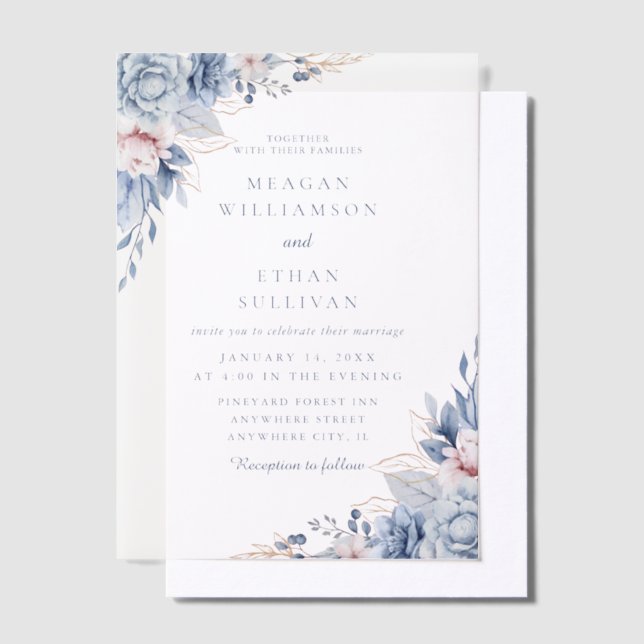 Invitations En Vélin Elégant Mariage floral bleu moderne (Compenser)