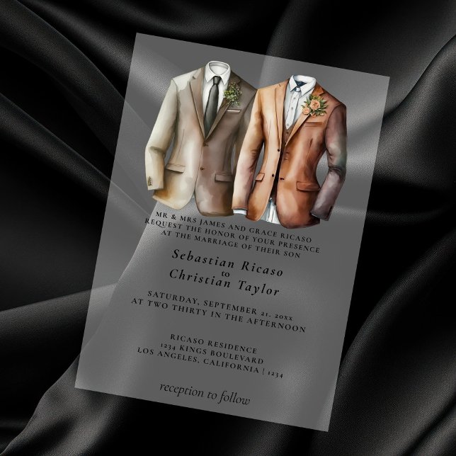 Invitations En Vélin Elégant Mariage gay deux pièces en costume (Elegant Gay Wedding Two Grooms in Suits Vellum Invitations by Ricaso. Add your own wedding details)
