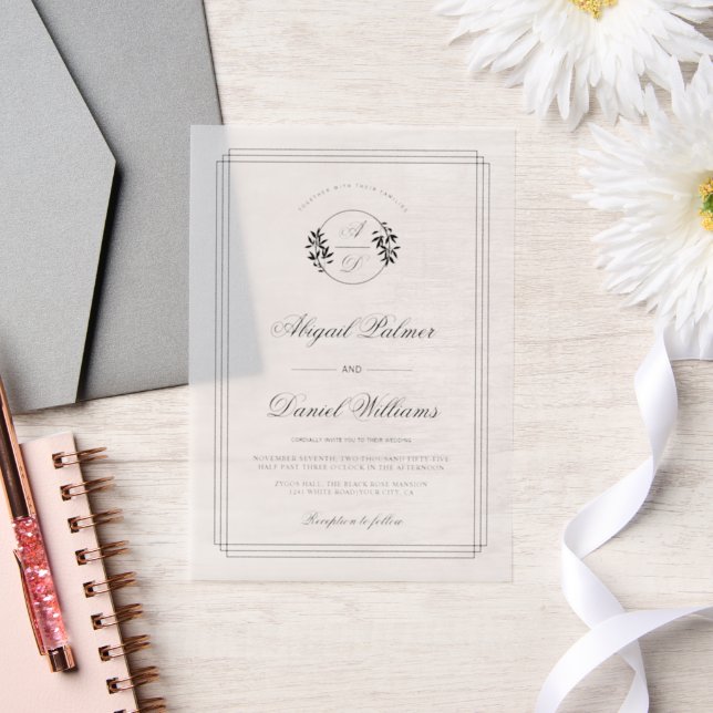 Invitations En Vélin Élégant mariage noir, branche blanche et initiales (Mariage)