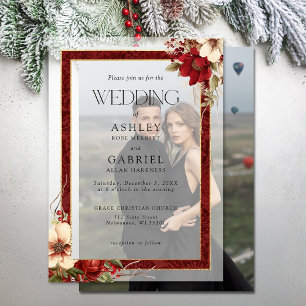 Invitations En Vélin Élégant Noël Rouge Floral Damassé