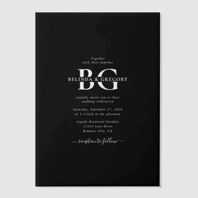 Invitations En Vélin Élégant Noir et Blanc Monogramme Initiales Mariage (Recto)