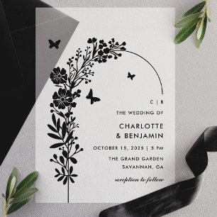 Invitations En Vélin Élégant Papillon Noir Botanique Mariage 