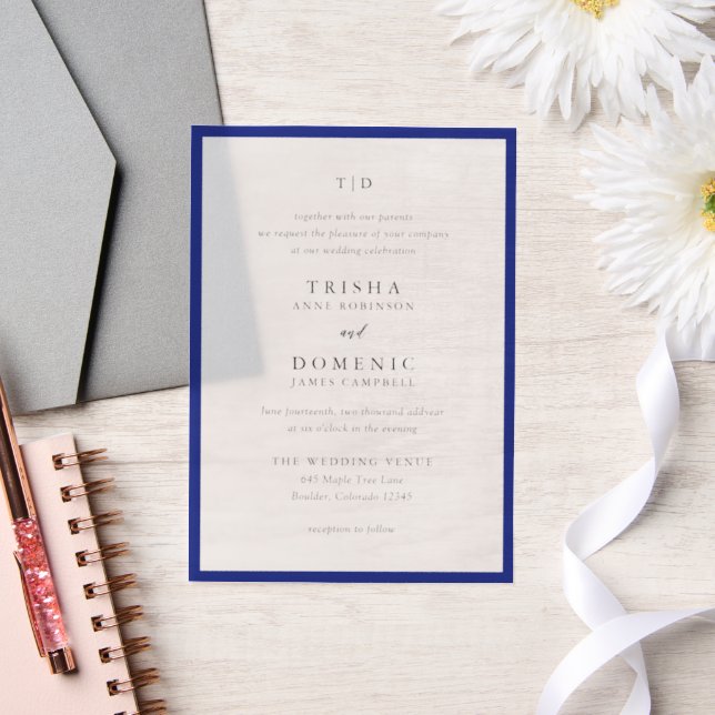 Invitations En Vélin Elégant Royal Blue Monogram Mariage moderne (Mariage)