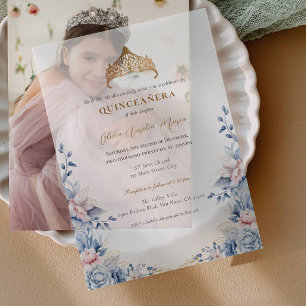 Invitations En Vélin Elégant Tiara Gold Blue roses Quinceañera