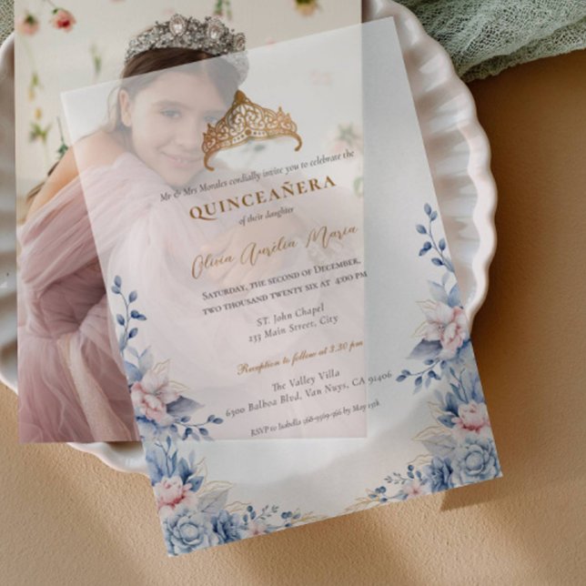 Invitations En Vélin Elégant Tiara Gold Blue roses Quinceañera (Créateur téléchargé)