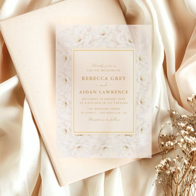 Invitations En Vélin Elegant White Floral Ivory Gold Border Wedding (Créateur téléchargé)