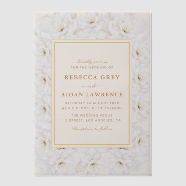 Invitations En Vélin Elegant White Floral Ivory Gold Border Wedding (Recto)