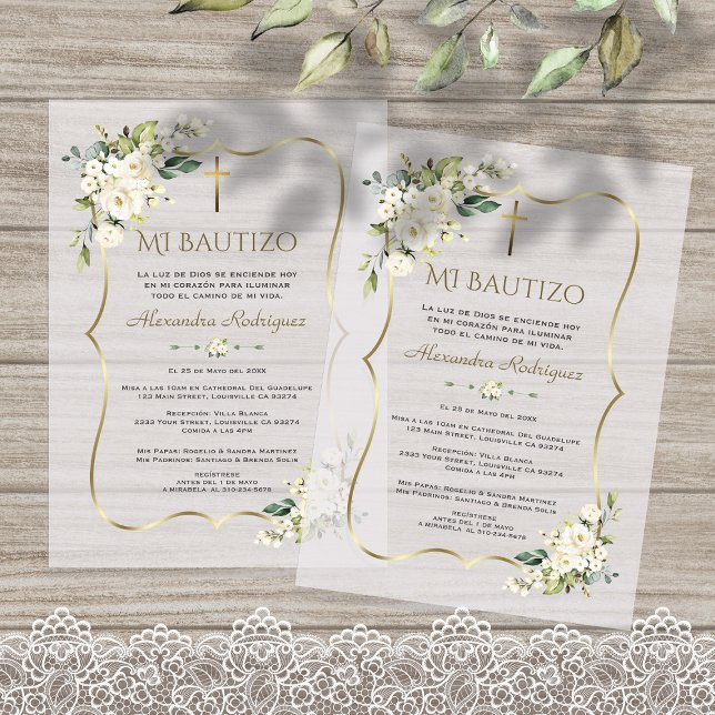 Invitations En Vélin Elegante Bautizo Con Blanca Flores Gold Baptism (Créateur téléchargé)