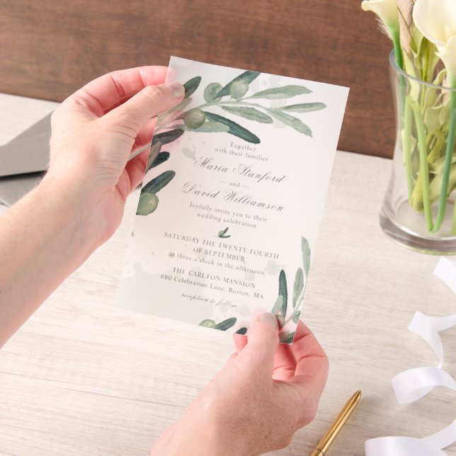 Invitations En Vélin Élégante branche de pousse d'olive verdure mariage (Ordinateur de poche)