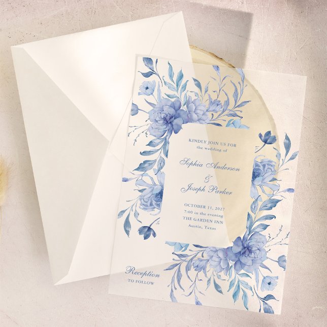 Invitations En Vélin Elégante Dusty Blue Chinoiserie Floral Mariage (Créateur téléchargé)