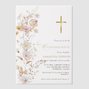 Invitations En Vélin Élégante fille Fleur sauvage première sainte commu