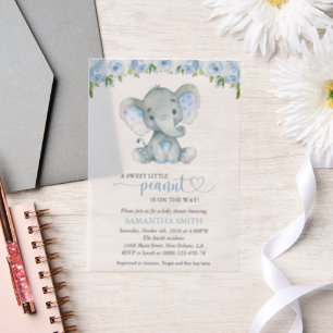 Invitations En Vélin Éléphant, Fleurs Aquarelle Bleue, Baby Shower
