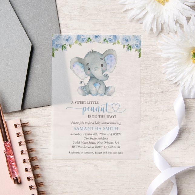 Invitations En Vélin Eléphant, Fleurs d'aquarelle bleue, Baby shower (Mariage)