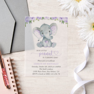 Invitations En Vélin Éléphant Mignon, Fleurs Violettes, Premier Anniver