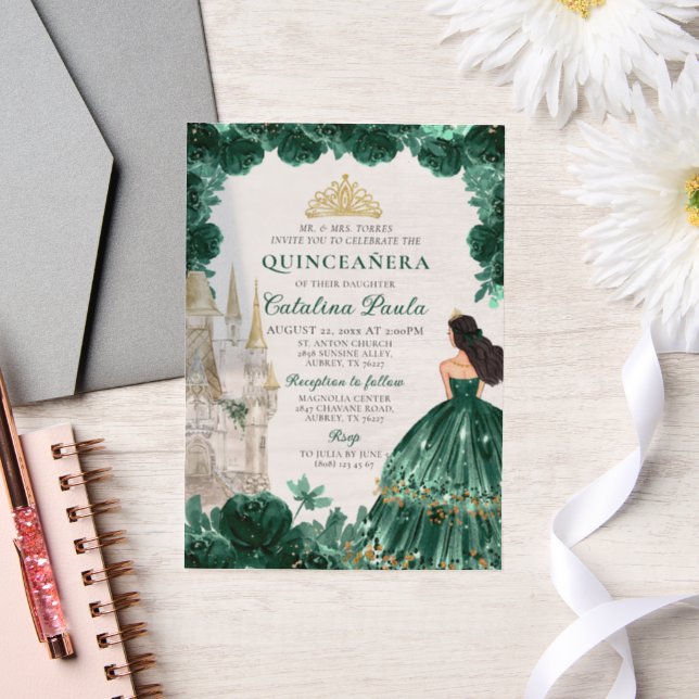 Invitations En Vélin Emerald Green Gold Tiara Princess Quinceañera (Mariage)