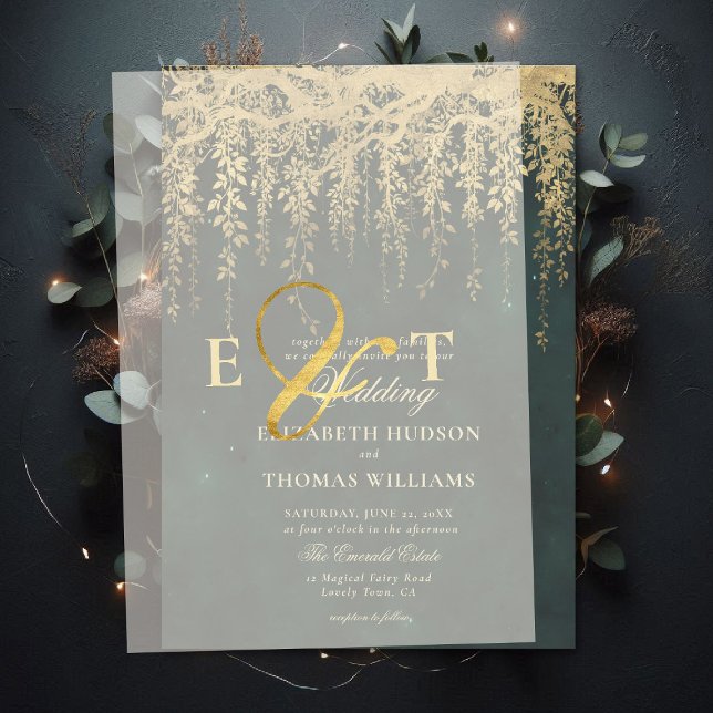 Invitations En Vélin Enchanted Forest Hanging Gold Greenery Wedding (enchanted forest wedding invitation vellum cover gold ampersand initials)
