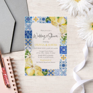 Invitations En Vélin Eté Carreaux bleus Citrons Wedding shower italien