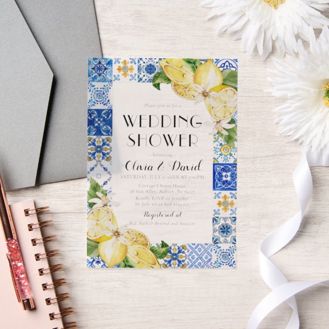 Invitations En Vélin Été Positano Carreaux Bleus Citron Wedding shower (Mariage)