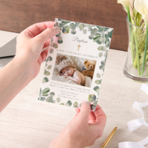 Invitations En Vélin Eucalyptus Gold Cross Baby Baptism Photo