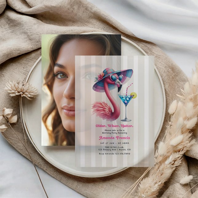 Invitations En Vélin Fête d'anniversaire Flamingo Martini Plus Sage et  (Older Wiser Hotter Martini Flamingo Birthday Party Vellum Invitations)