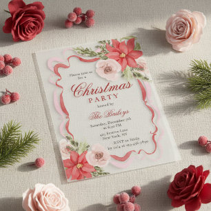 Invitations En Vélin Fête de Noël élégante Poinsettia Rose Ruban