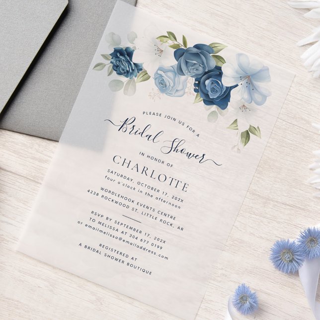 Invitations En Vélin Fête des mariées de script de couleur d'aquarelle  (Dusty Blue Floral Script Bridal Shower Vellum Invitation)