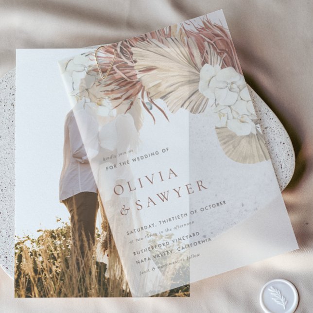 Invitations En Vélin Feuilles de palmiers séchés et Mariage de boho d'o (This boho wedding invitation features soft watercolor florals and foliage )