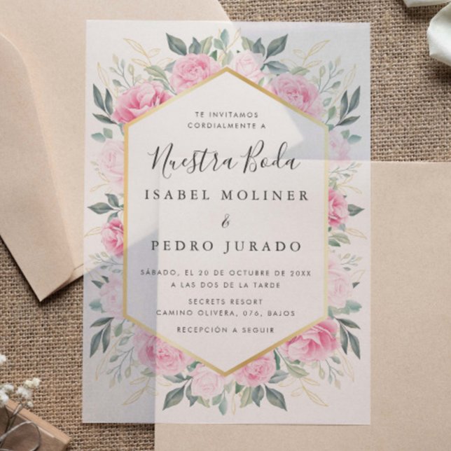Invitations En Vélin Feuilles d'or rose Floral Nuestra Boda Mariage (Créateur téléchargé)